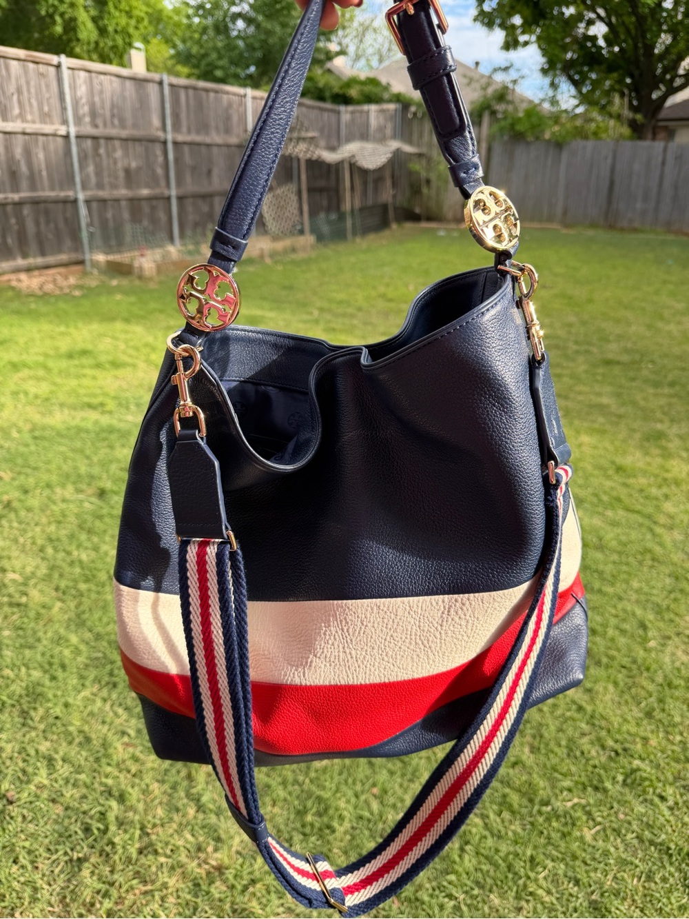 Tory Burch Navy White Red Stripe Leather Hobo Bag - Picture 6 of 13